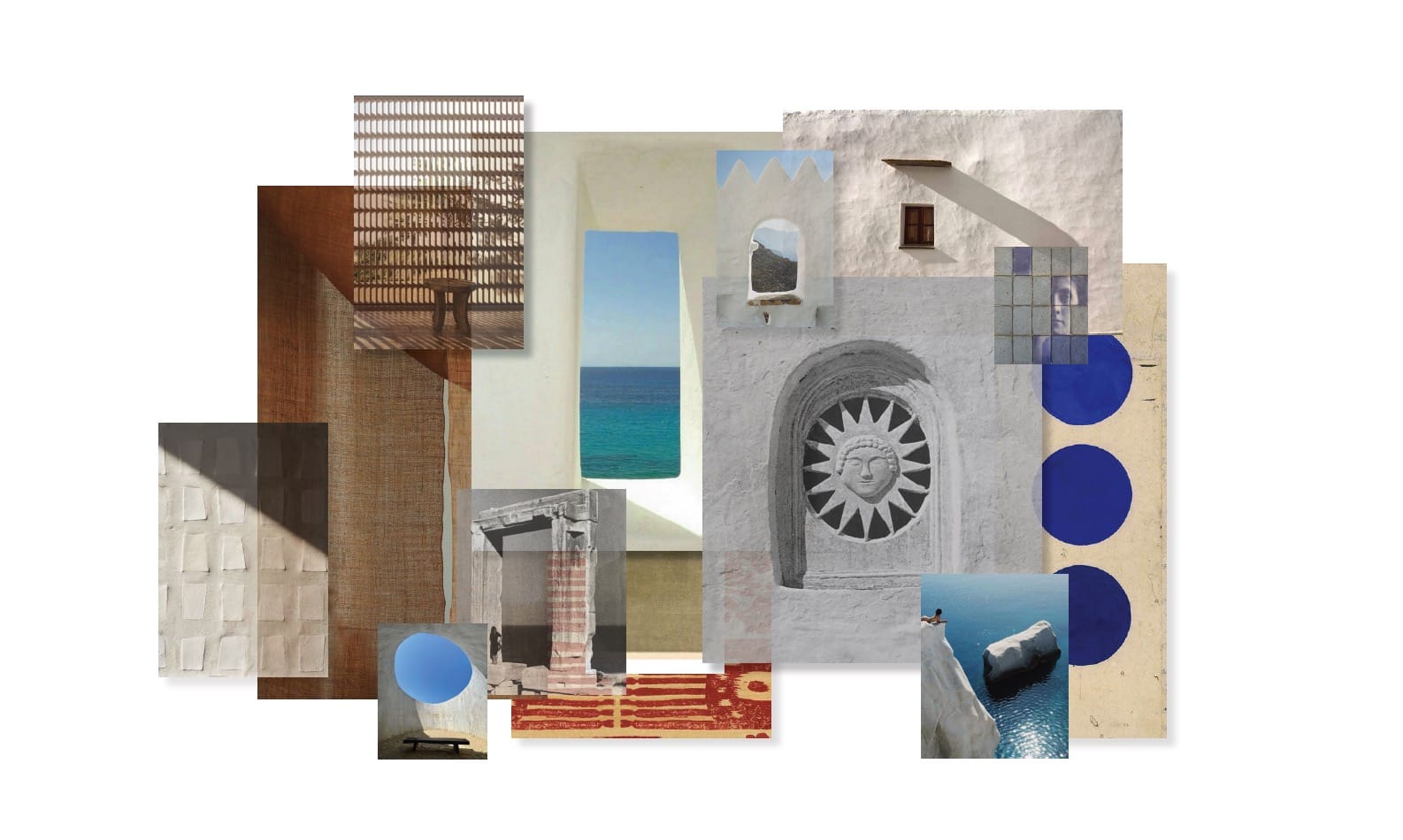 Architectural atmosphere mood board featuring Mediterranean materials, forms and coastal views